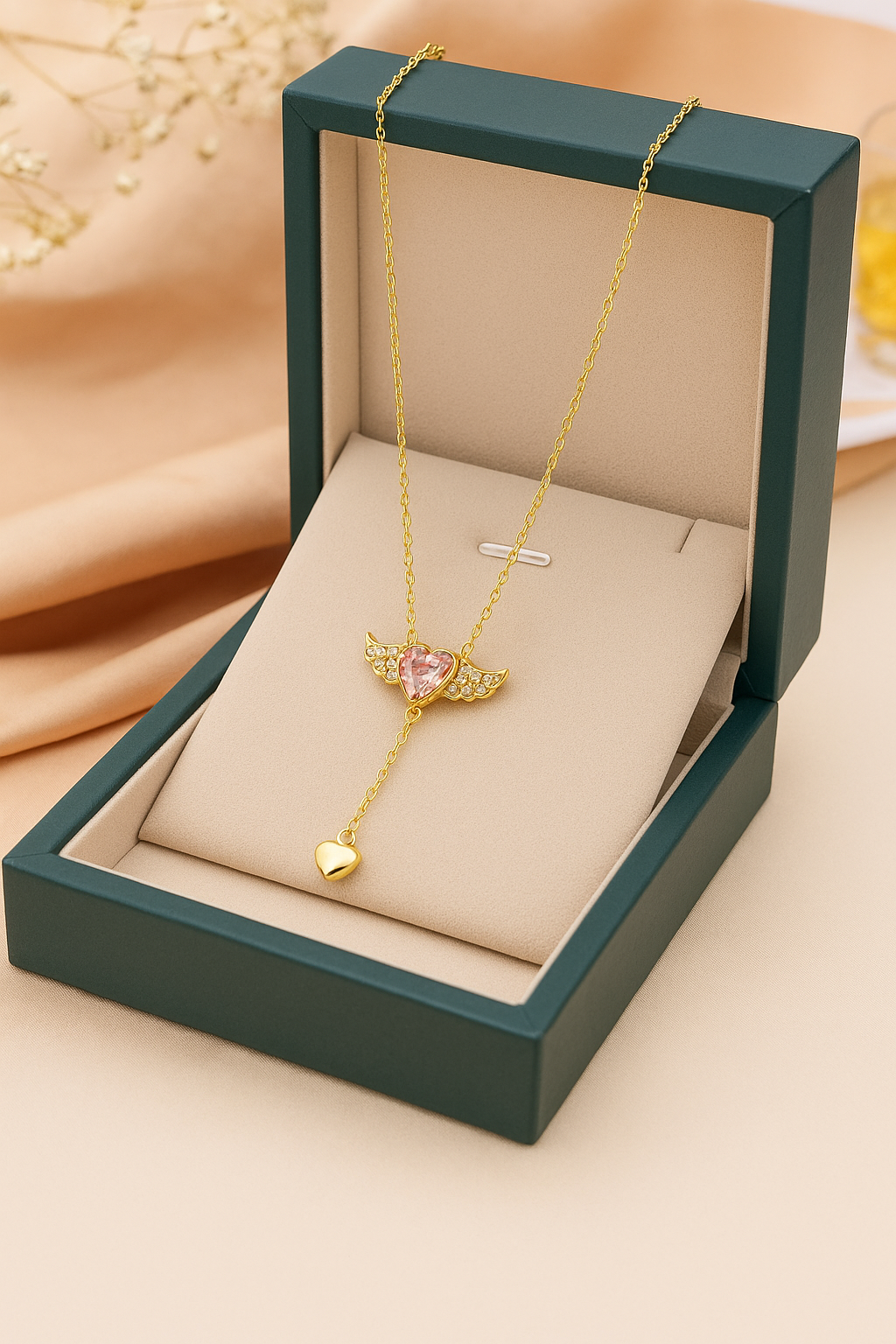 Cupid Heart Angel Wings Tassel Necklace – Romantic Crystal Pendant for Women