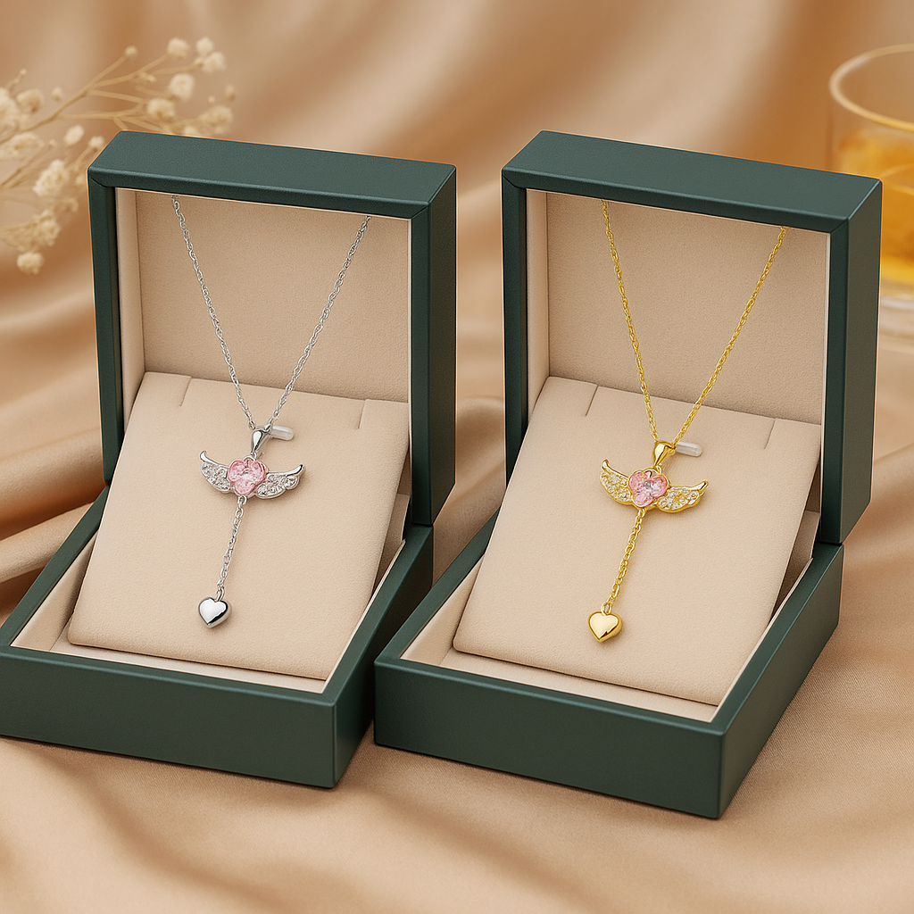 Cupid Heart Angel Wings Tassel Necklace – Romantic Crystal Pendant for Women