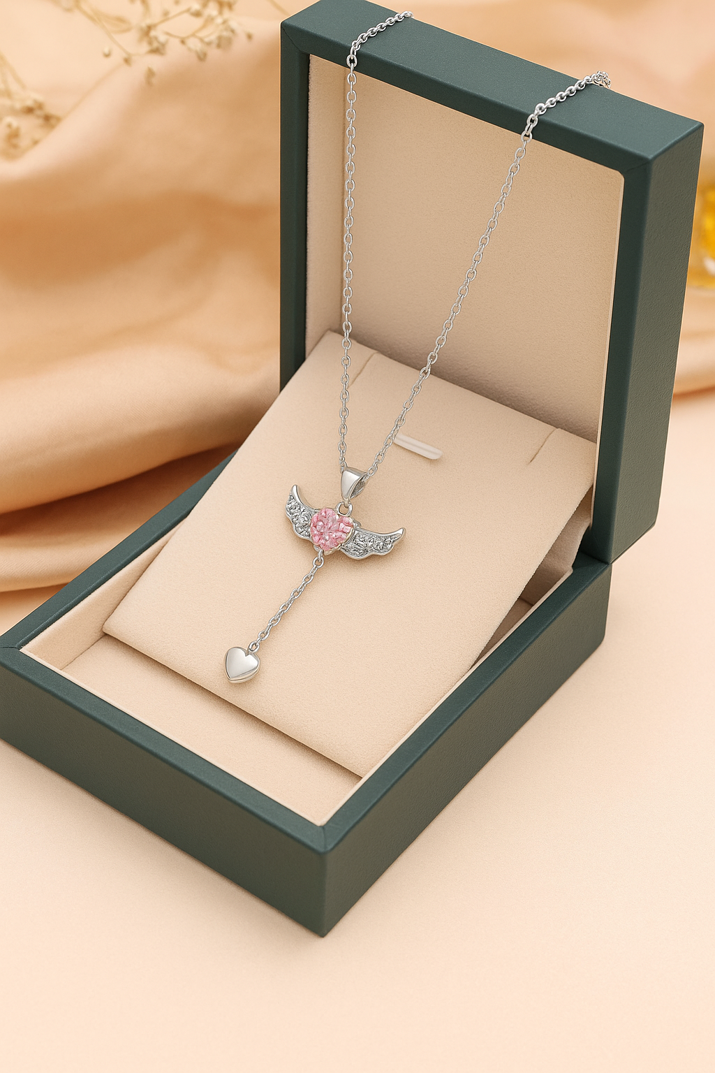 Cupid Heart Angel Wings Tassel Necklace – Romantic Crystal Pendant for Women