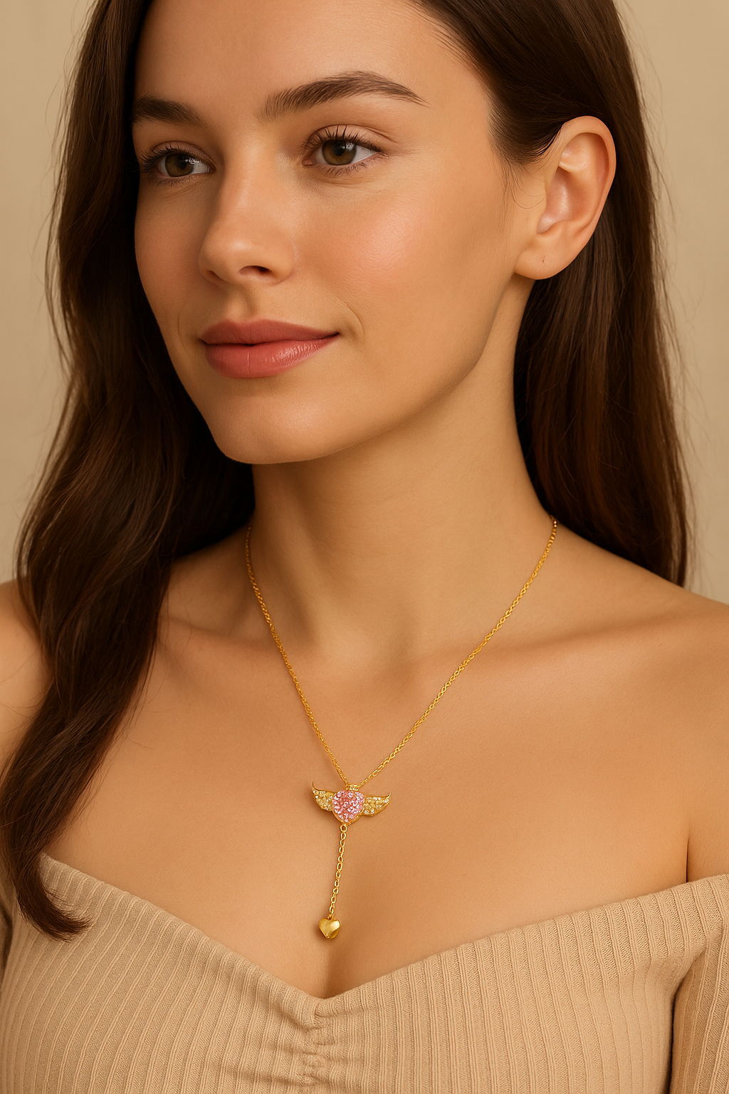 Cupid Heart Angel Wings Tassel Necklace – Romantic Crystal Pendant for Women