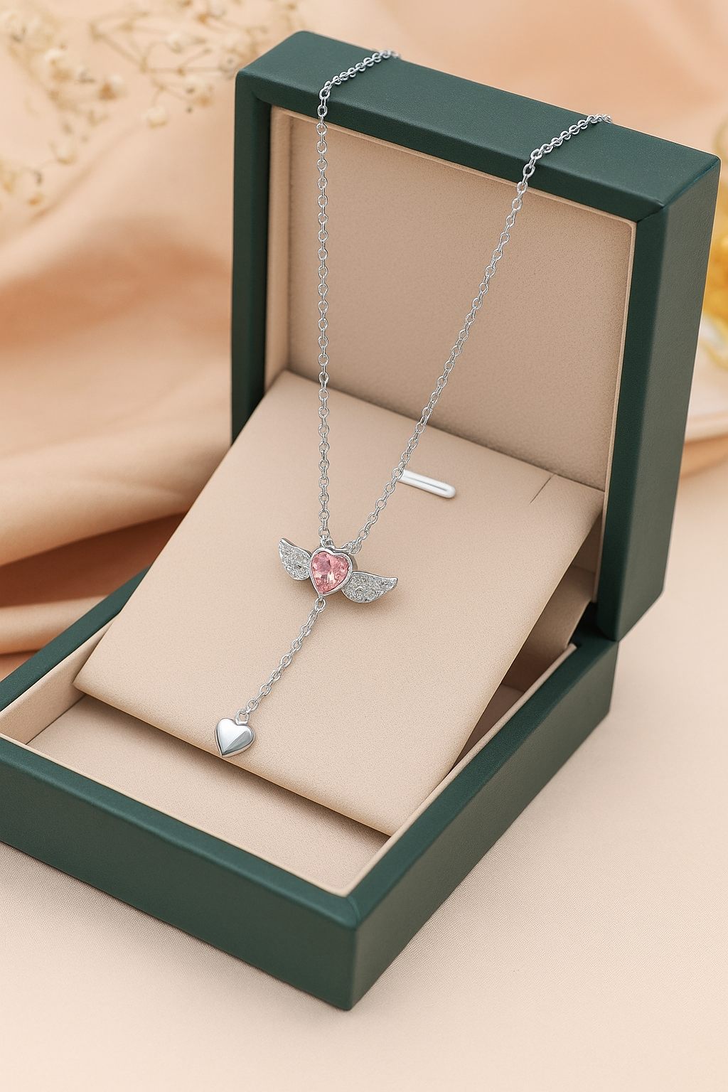 Cupid Heart Angel Wings Tassel Necklace – Romantic Crystal Pendant for Women