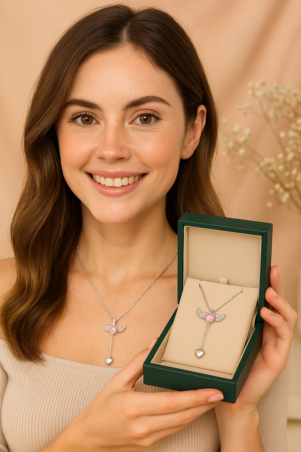 Cupid Heart Angel Wings Tassel Necklace – Romantic Crystal Pendant for Women