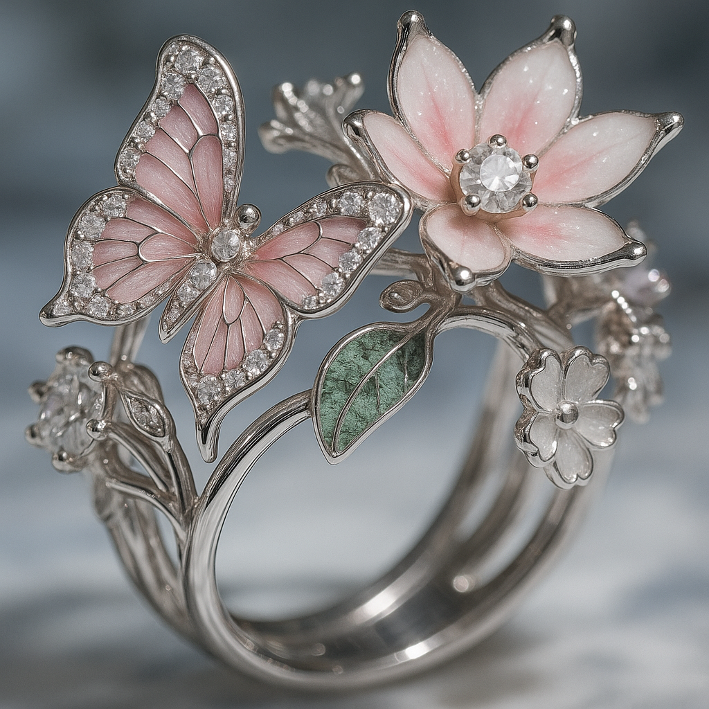 INS Flower Butterfly Ring – Rhinestone & Enamel Design | Trendy Women's Jewelry