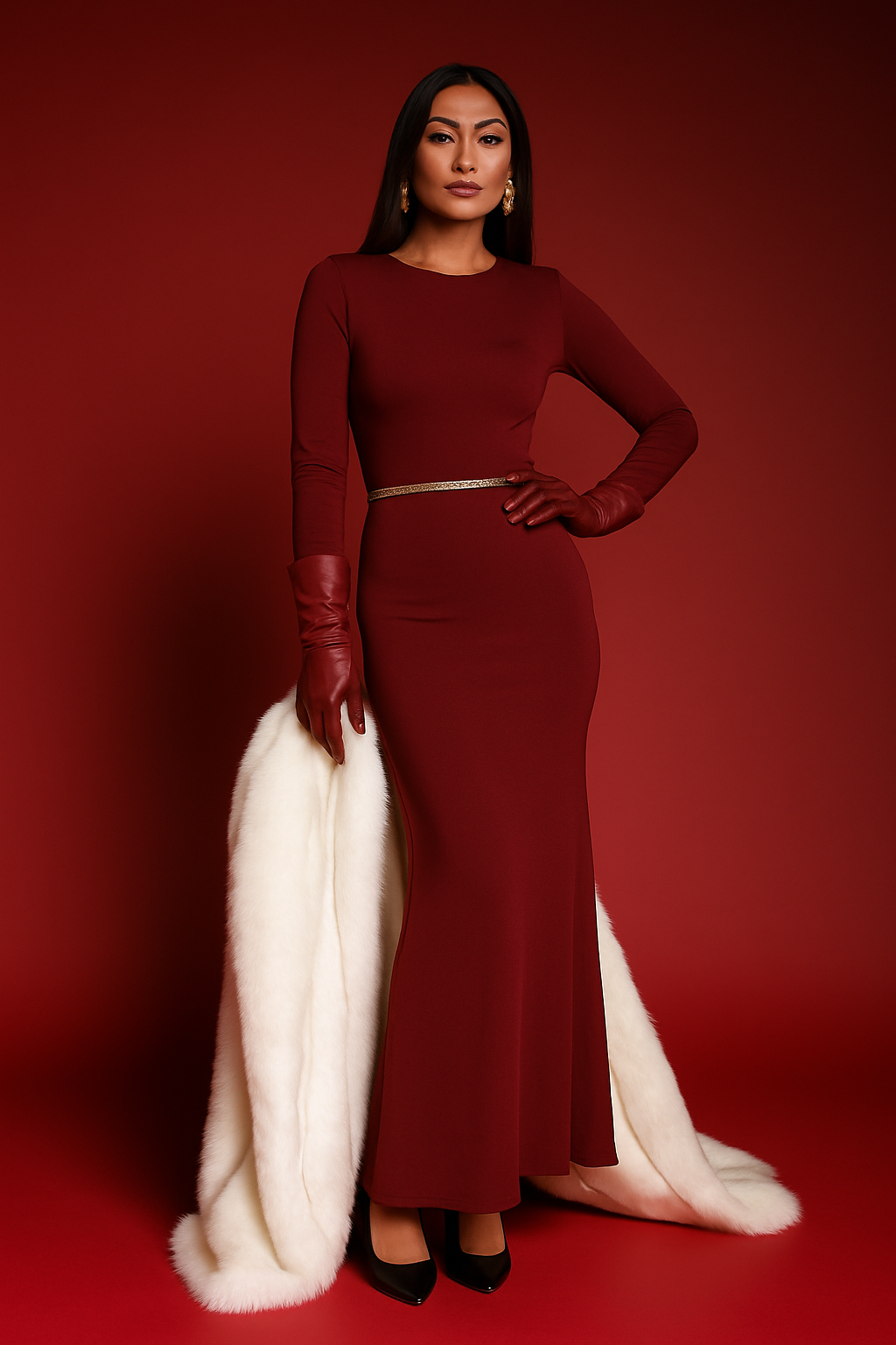 Elegant Pleated Long Sleeve Dress with Hip Bag – Trendy Women's Fashion 2025