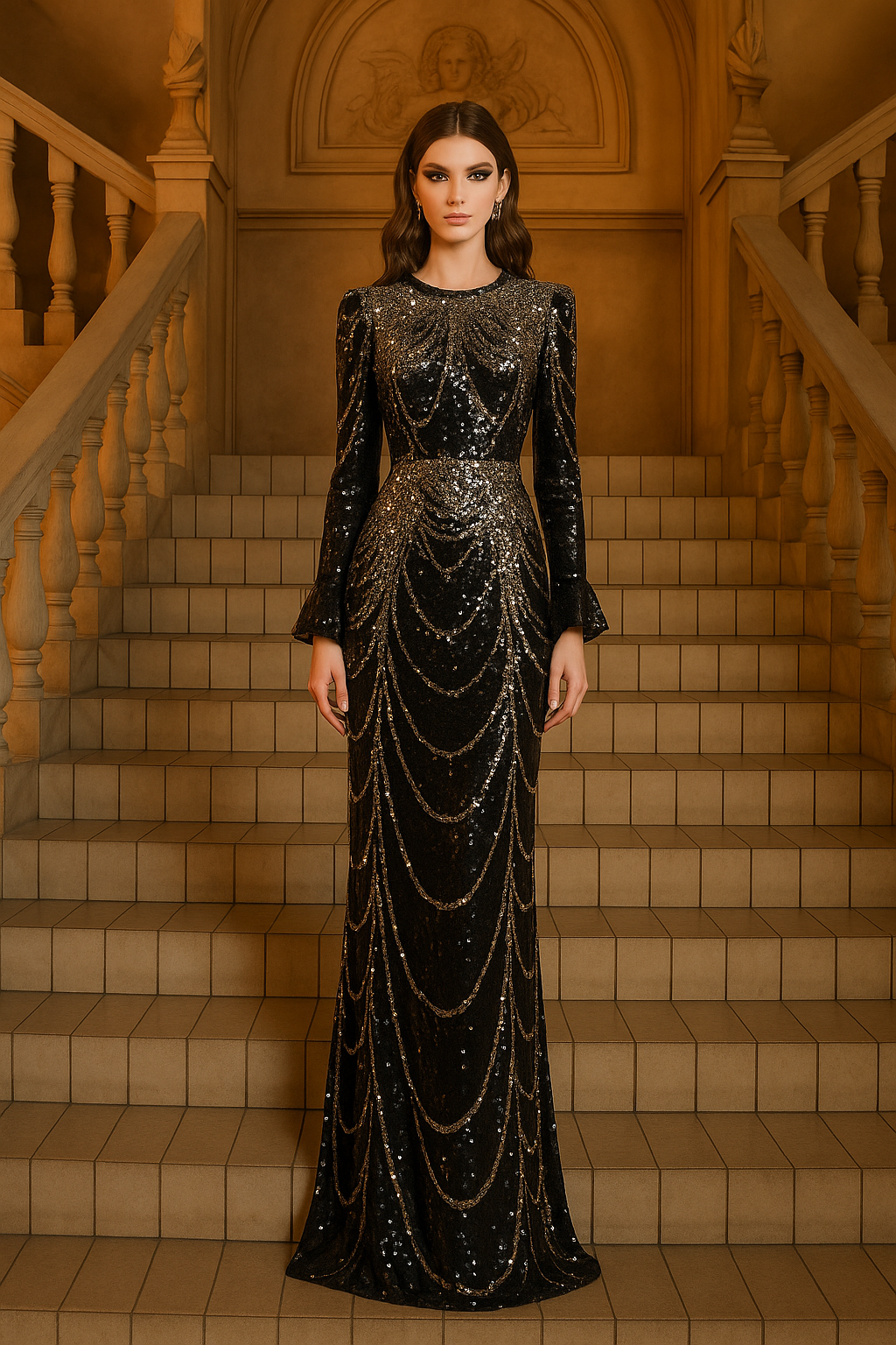 Elegant Sequined Fishtail Evening Dress – Slim Fit Long Sleeve Gown