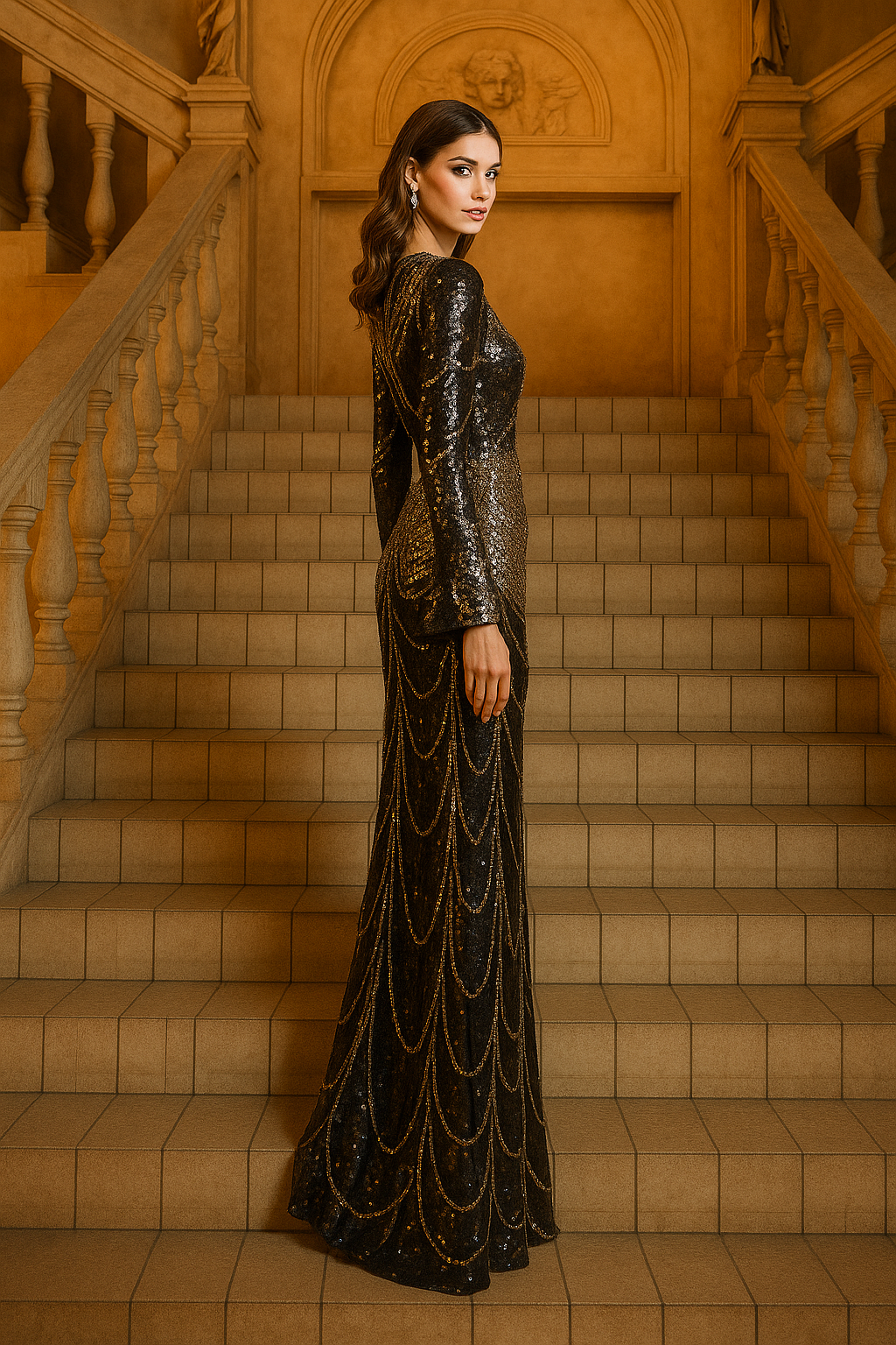 Elegant Sequined Fishtail Evening Dress – Slim Fit Long Sleeve Gown
