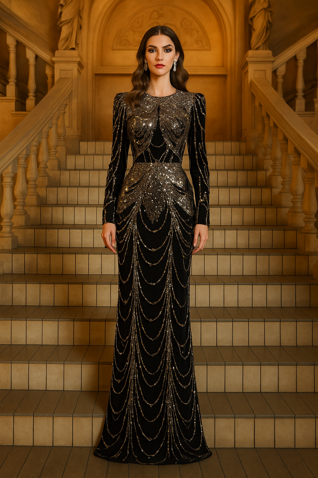 Elegant Sequined Fishtail Evening Dress – Slim Fit Long Sleeve Gown