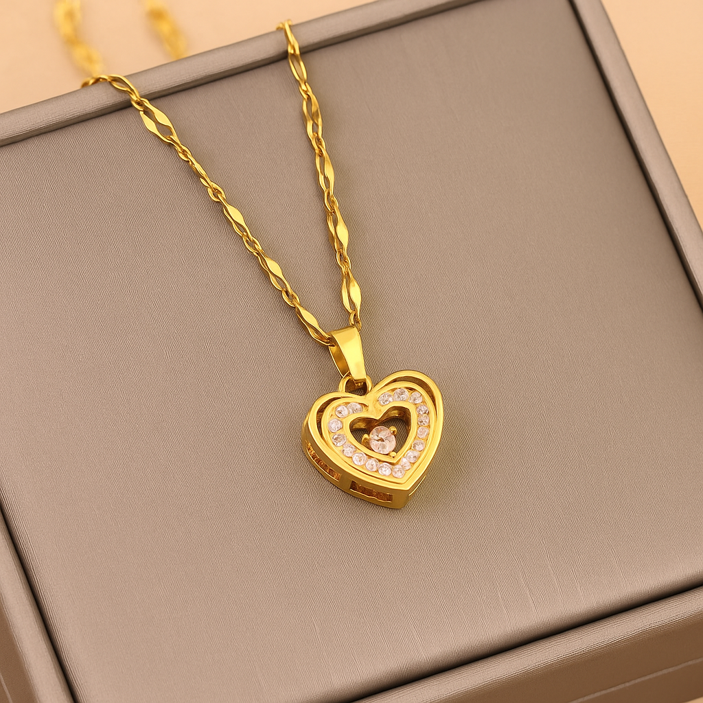 Double Layer Heart Necklace – Rhinestone Titanium Pendant for Her