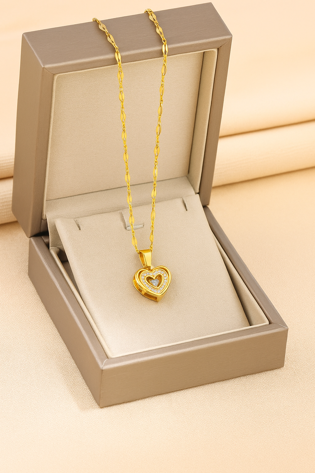 Double Layer Heart Necklace – Rhinestone Titanium Pendant for Her
