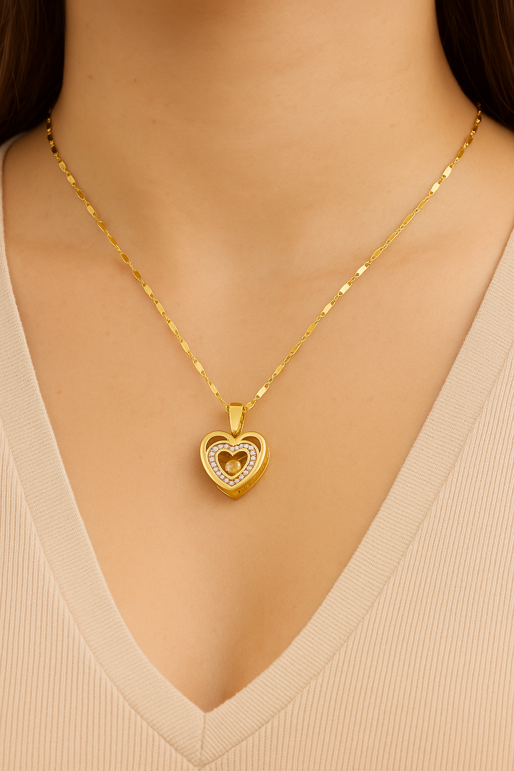 Double Layer Heart Necklace – Rhinestone Titanium Pendant for Her