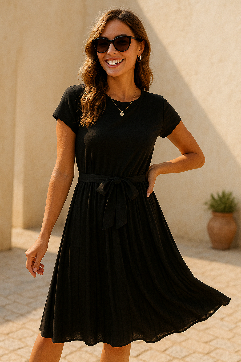Summer Pleated Short-Sleeved Dress – Waist-Tied, Lightweight & Stylish