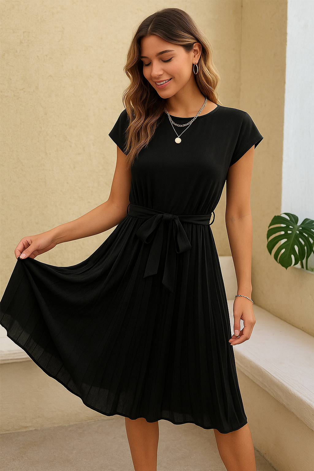 Summer Pleated Short-Sleeved Dress – Waist-Tied, Lightweight & Stylish