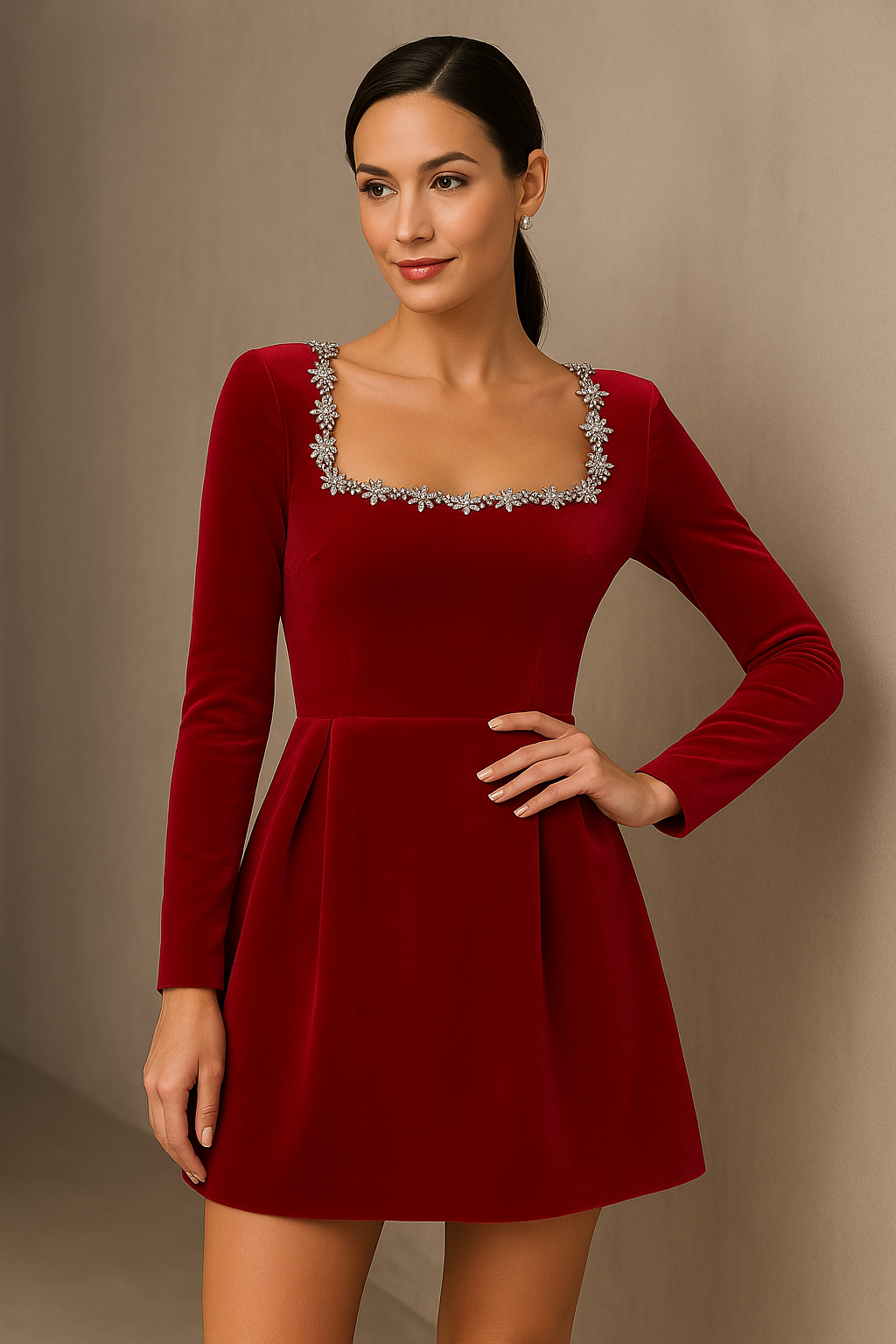 “Floral Rhinestone A-Line Mini Dress | Square Neck”