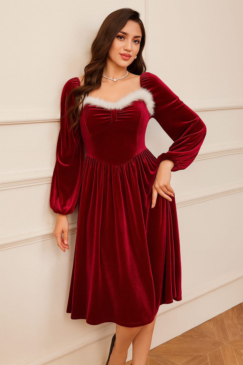 Vintage Red Velvet Christmas Party Dress – Long Sleeve Midi