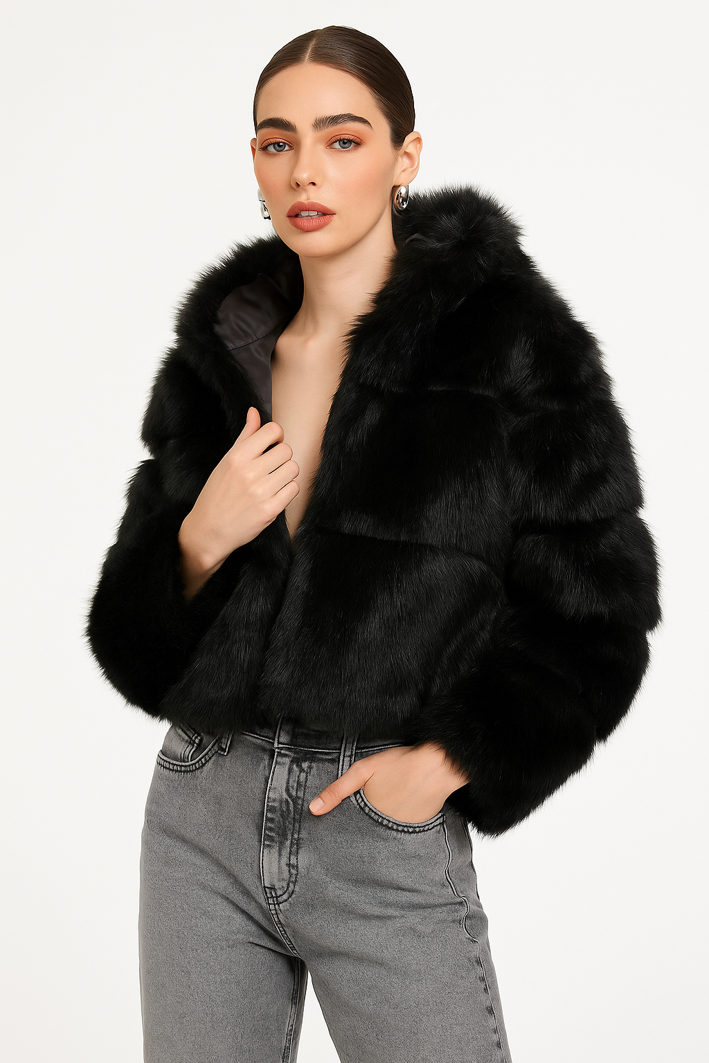 Black Faux Fur Hooded Jacket - Cozy Winter Coat