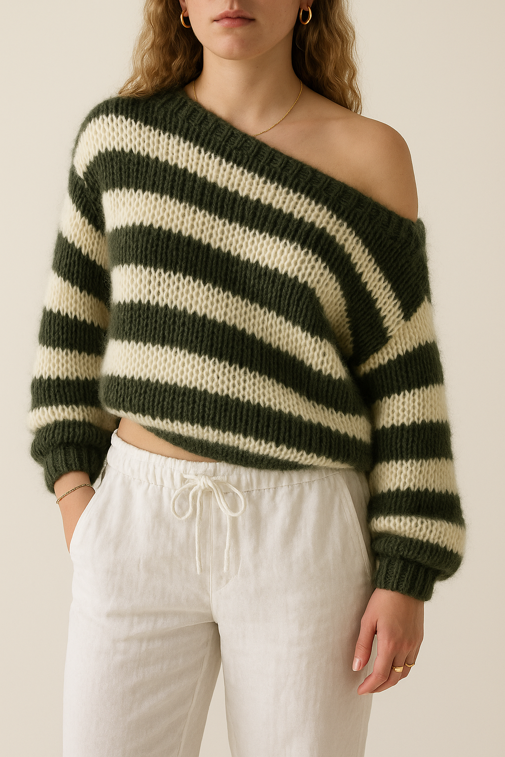 Women's Loose Striped Pullover Sweater - Premium Knit