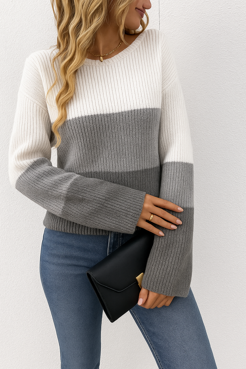 “Gray & White Contrast Pullover Sweater | Long Sleeve Knit Jumper”