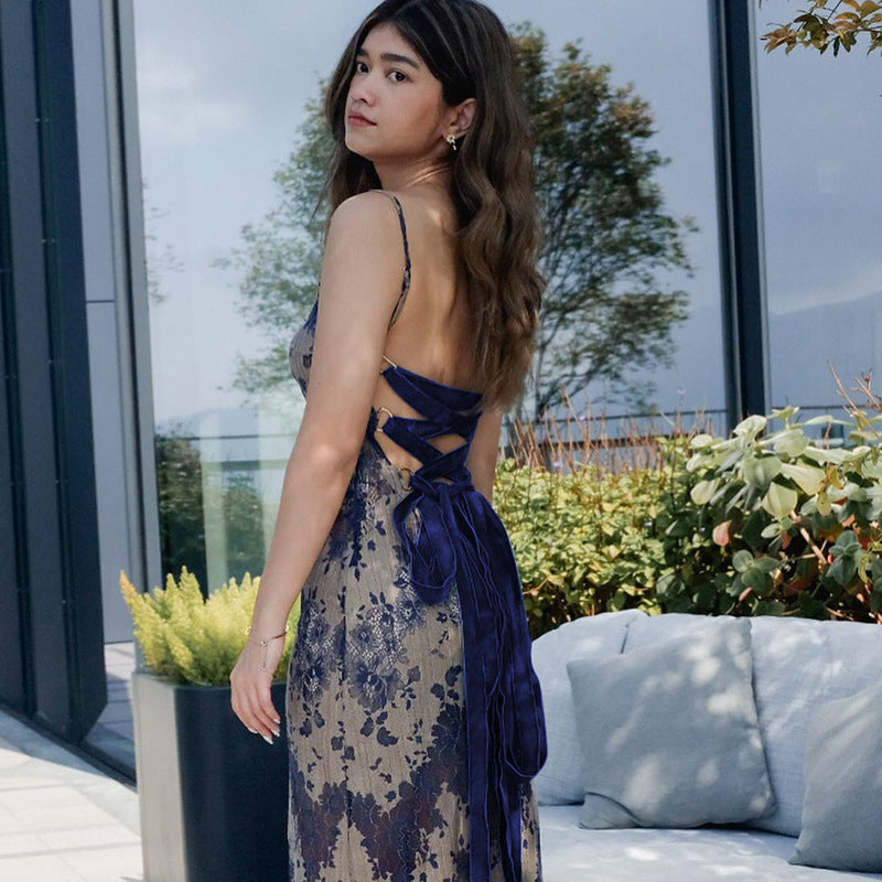 Elegant Tie-Dye Long Dress – Hollow Back & Straps