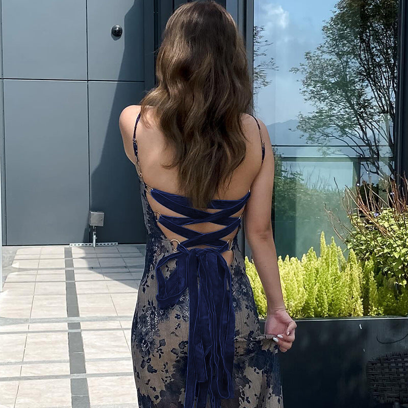 Elegant Tie-Dye Long Dress – Hollow Back & Straps