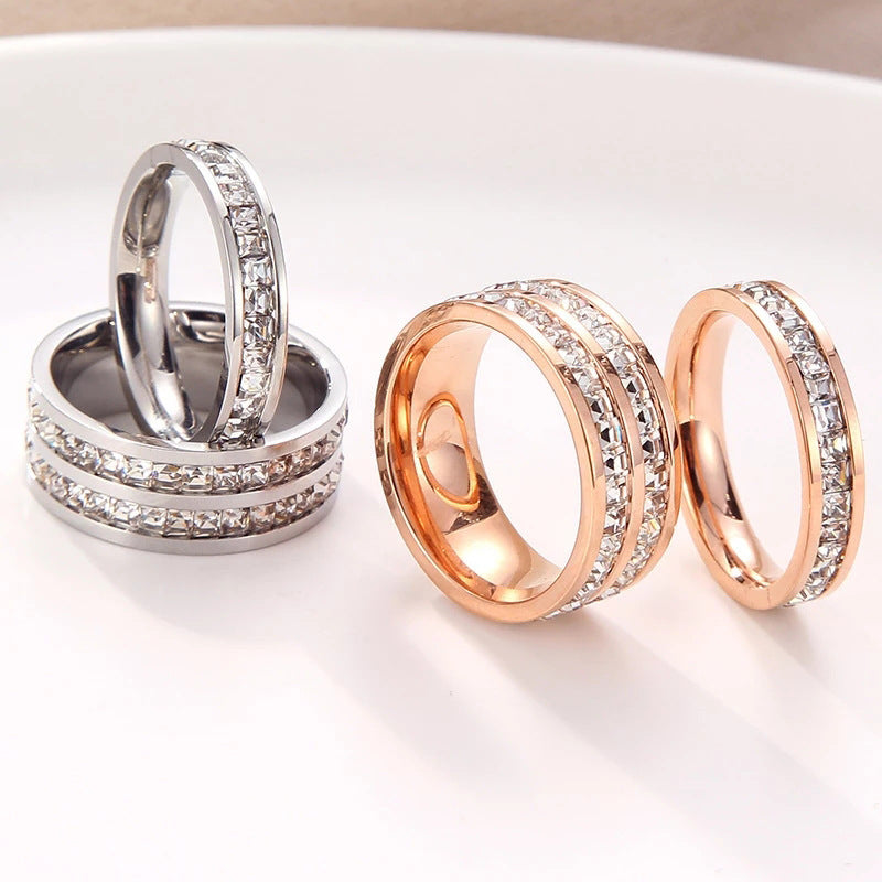 Elegant Titanium Steel Couple Rings – Single & Double Row Diamond Design