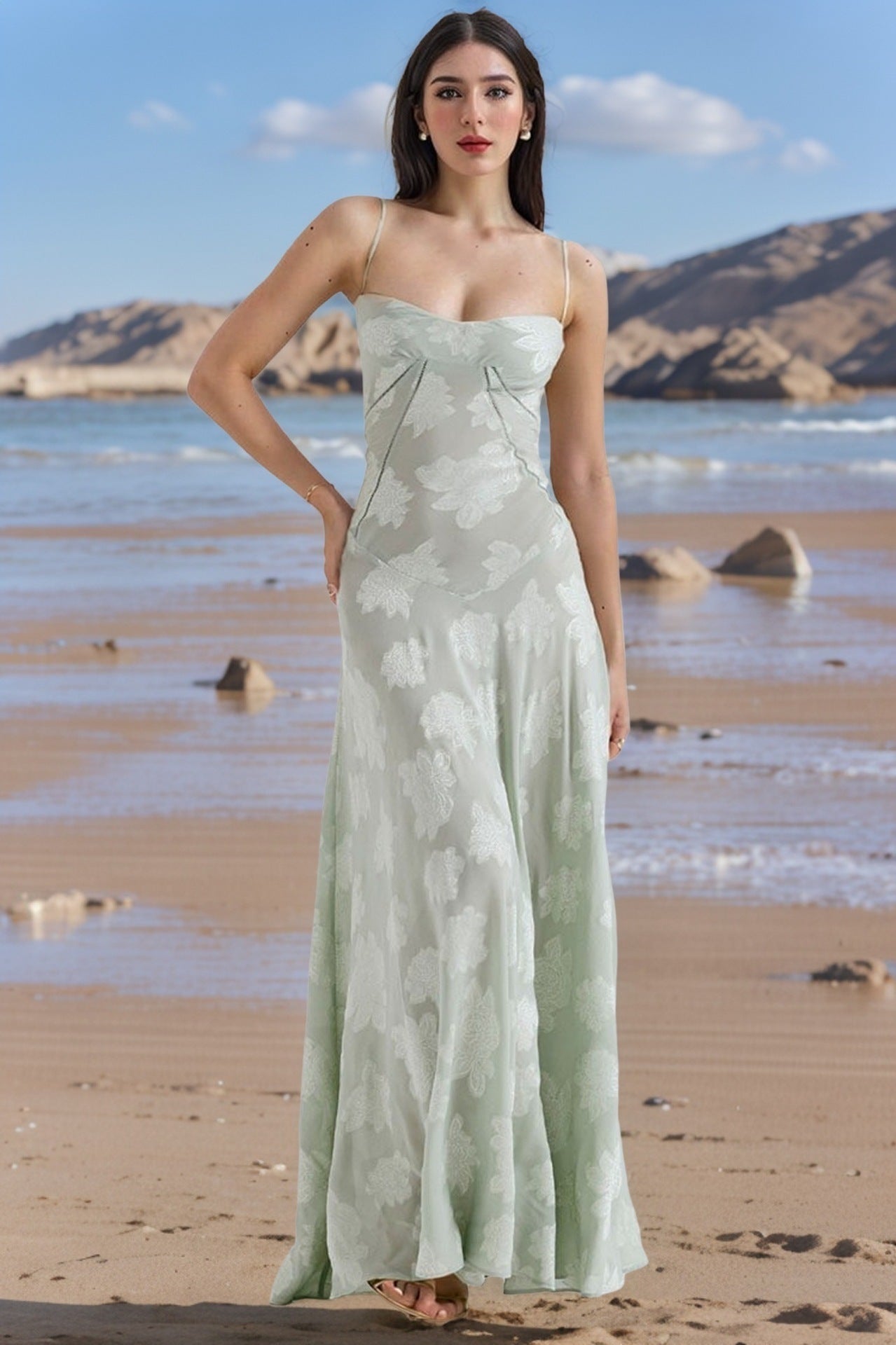 Elegant Floral Long Dress – Luxe Lace-Up Evening Gown
