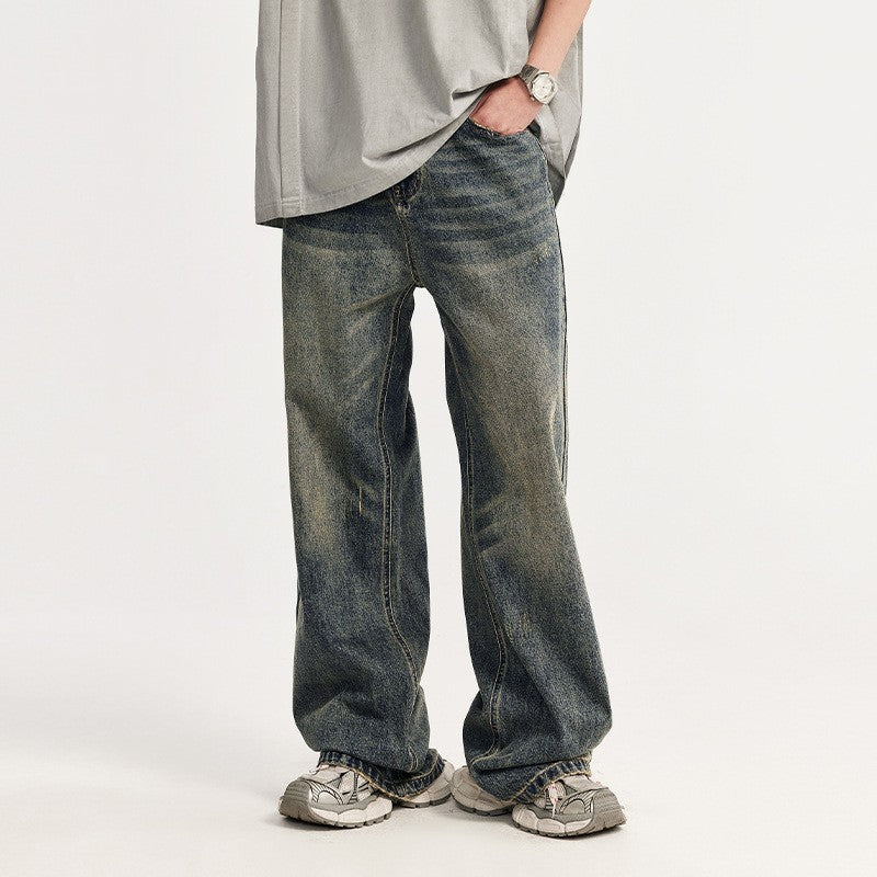 Retro Cat Beard Distressed Wide-Leg Jeans – Vintage Baggy Streetwe
