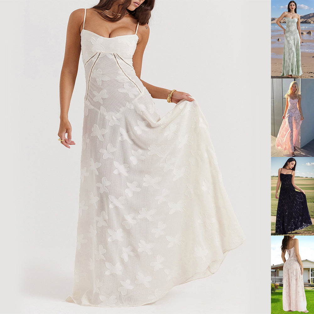 Elegant Floral Long Dress – Luxe Lace-Up Evening Gown