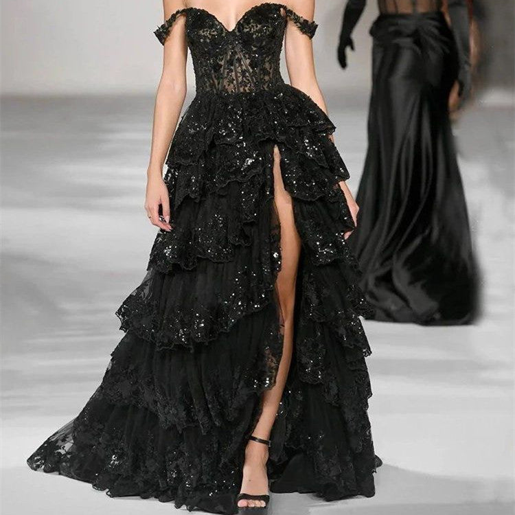 French Black Satin Banquet Dress – Luxury Evening Gown