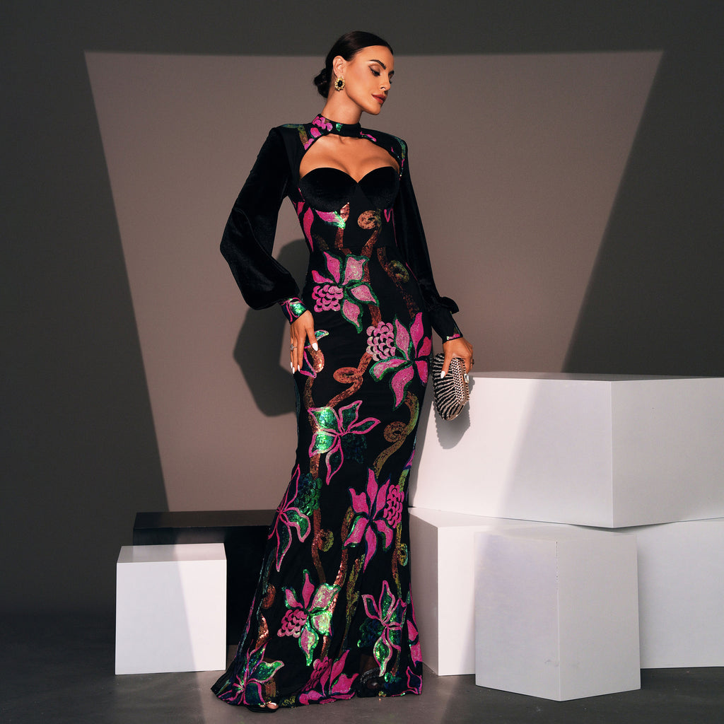 "LuxeGlow Sequined Evening Gown – Elegant & Timeless"