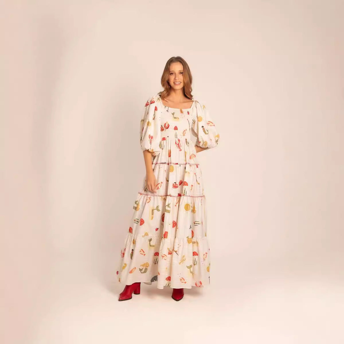 Floral Puff Sleeve Swing Dress – Square Neck Beach Holiday Wear