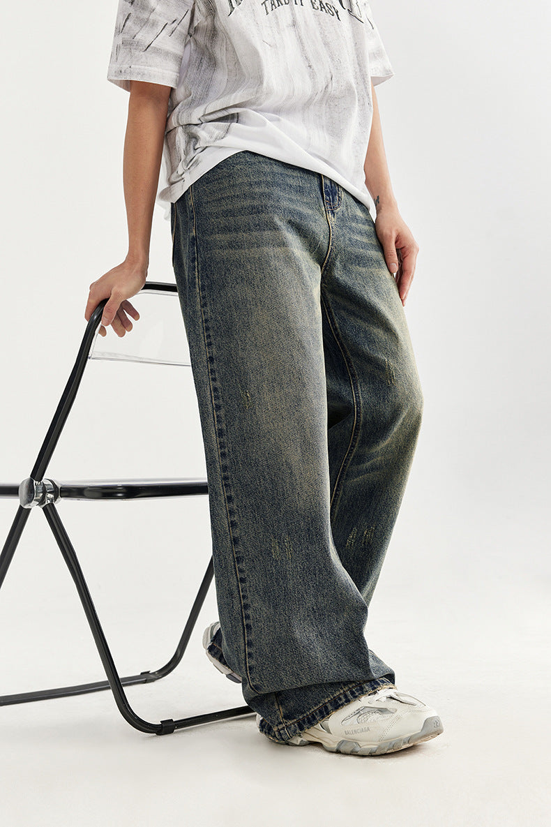 Retro Cat Beard Distressed Wide-Leg Jeans – Vintage Baggy Streetwe