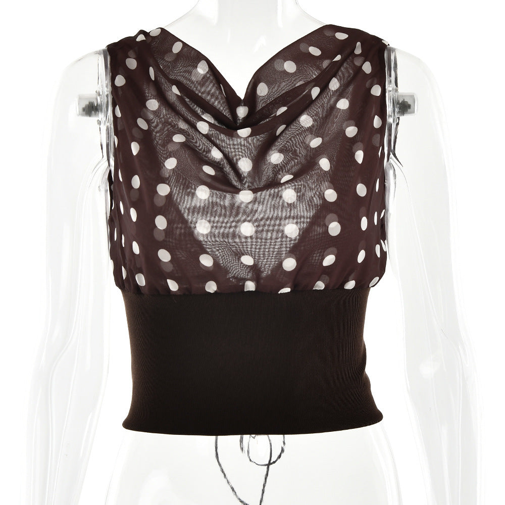 Polka Dot One-Shoulder Crop Top – Lace-Up Backless Chiffon Blouse for Women