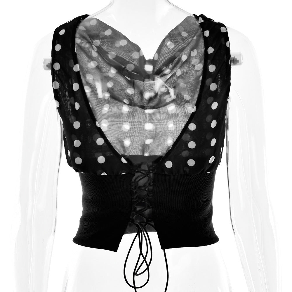 Polka Dot One-Shoulder Crop Top – Lace-Up Backless Chiffon Blouse for Women