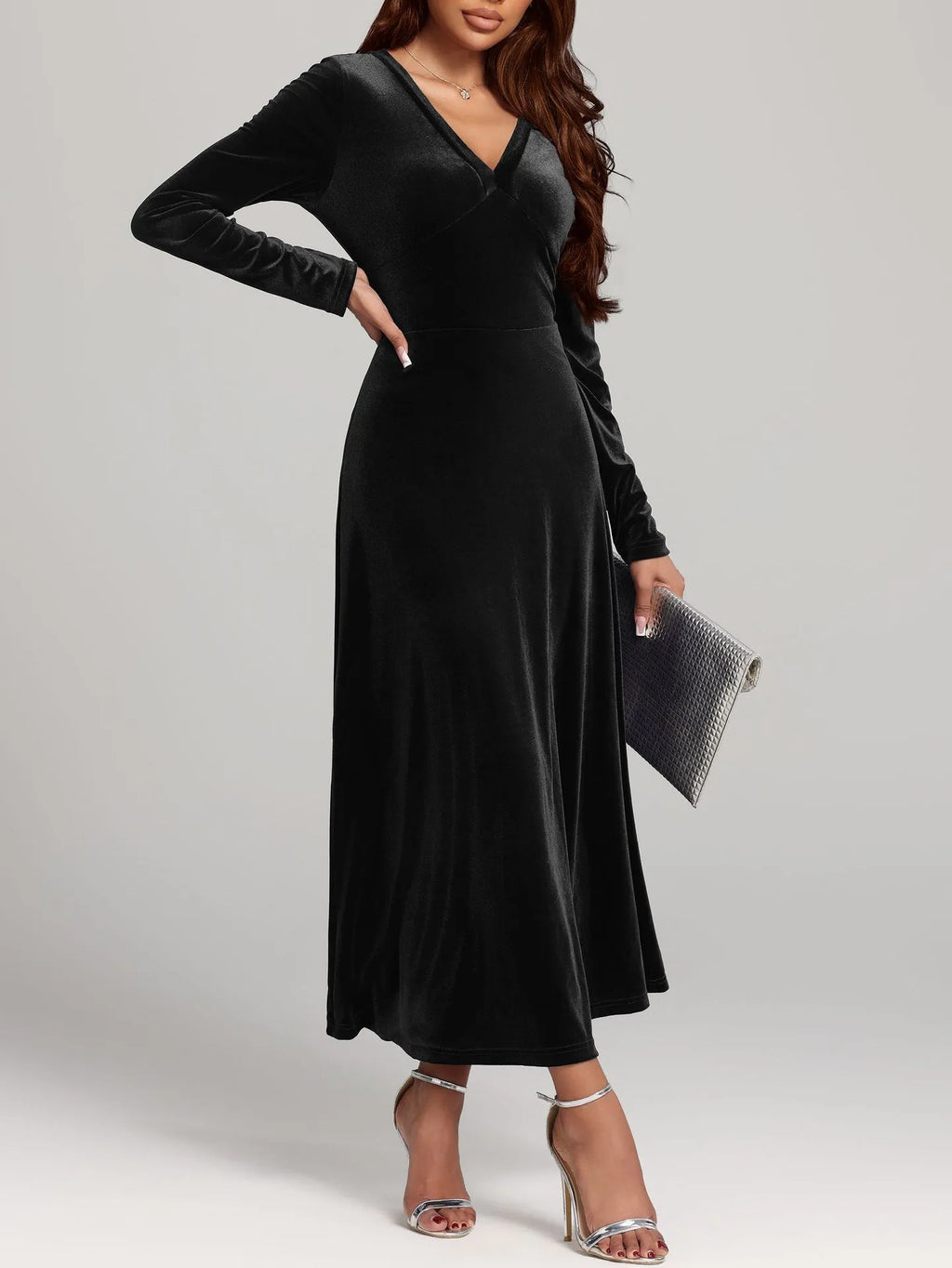 Elegant V-Neck Velvet Evening Dress - Long Sleeve Party Dress