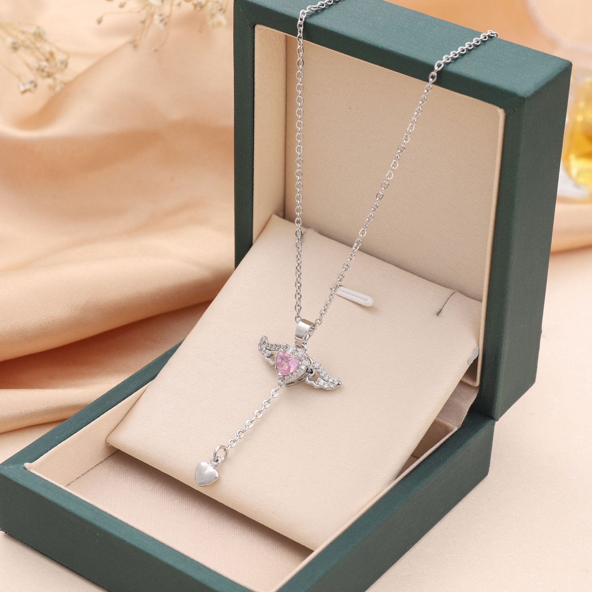 Cupid Heart Angel Wings Tassel Necklace – Romantic Crystal Pendant for Women