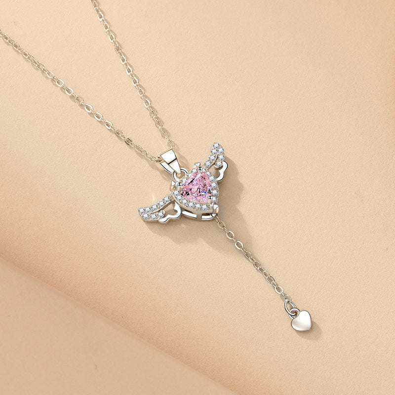 Cupid Heart Angel Wings Tassel Necklace – Romantic Crystal Pendant for Women