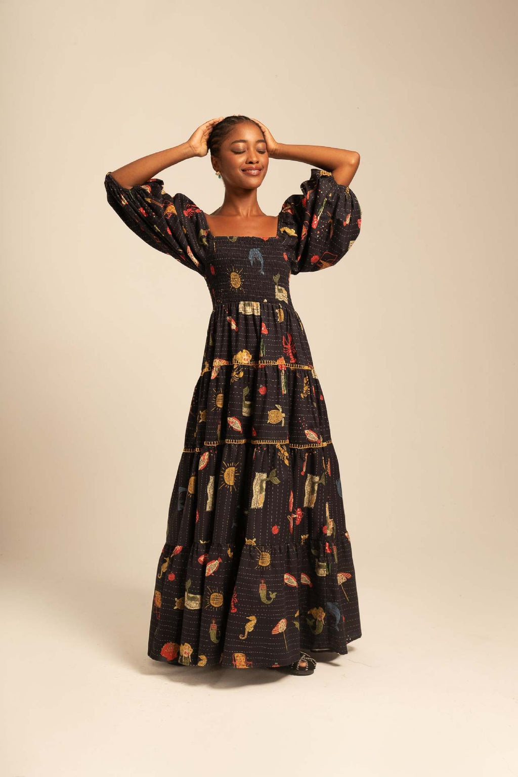 Floral Puff Sleeve Swing Dress – Square Neck Beach Holiday Wear