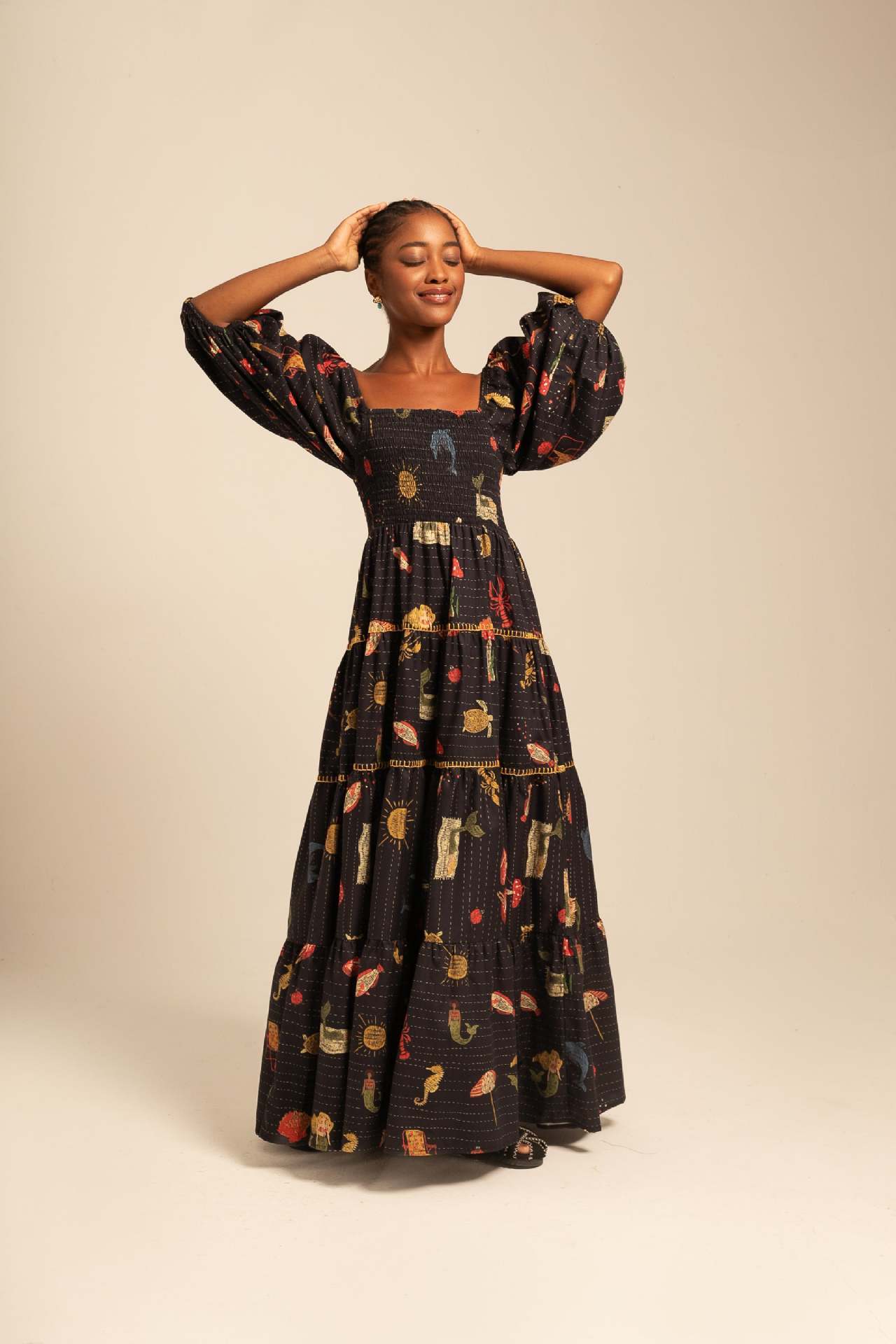Floral Puff Sleeve Swing Dress – Square Neck Beach Holiday Wear