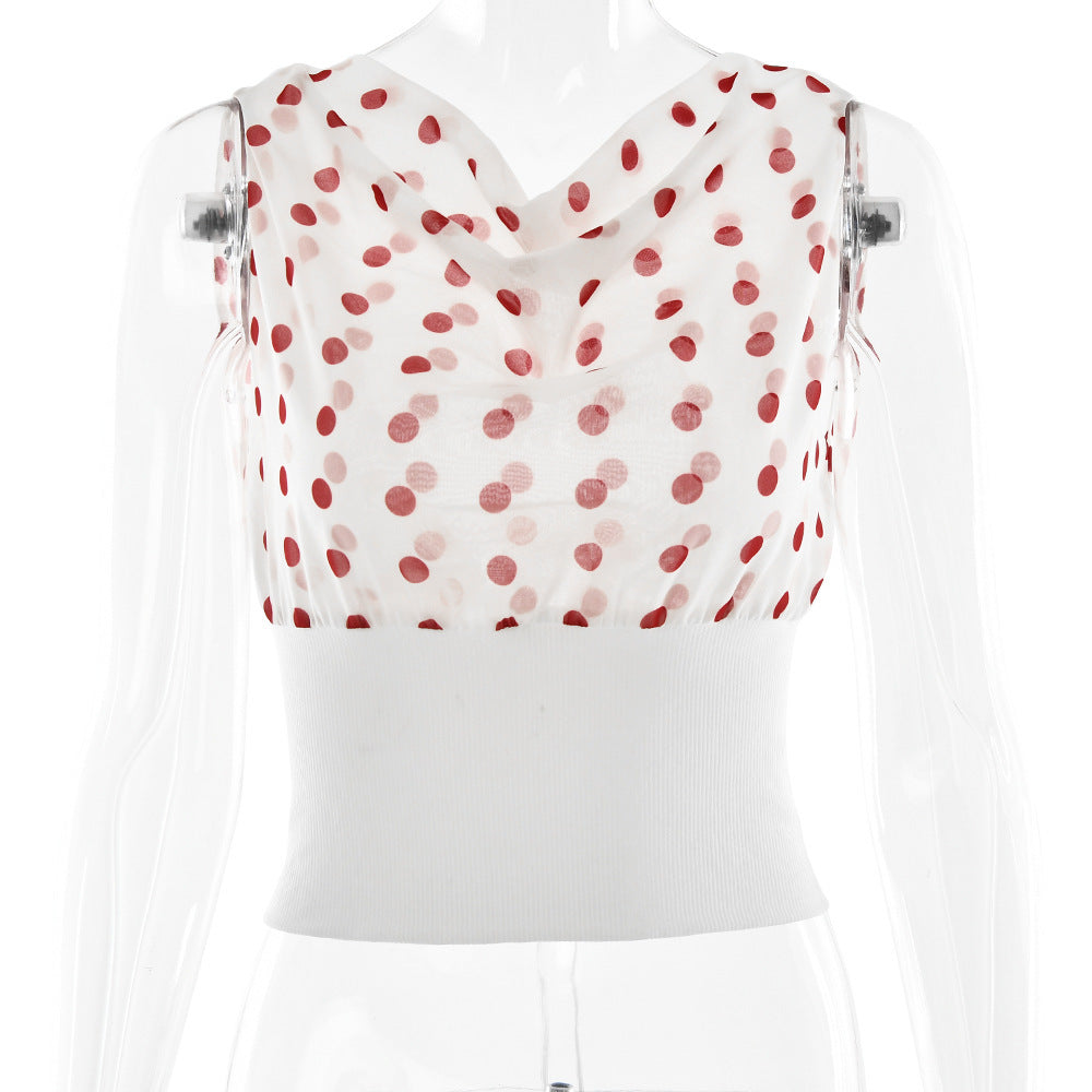 Polka Dot One-Shoulder Crop Top – Lace-Up Backless Chiffon Blouse for Women