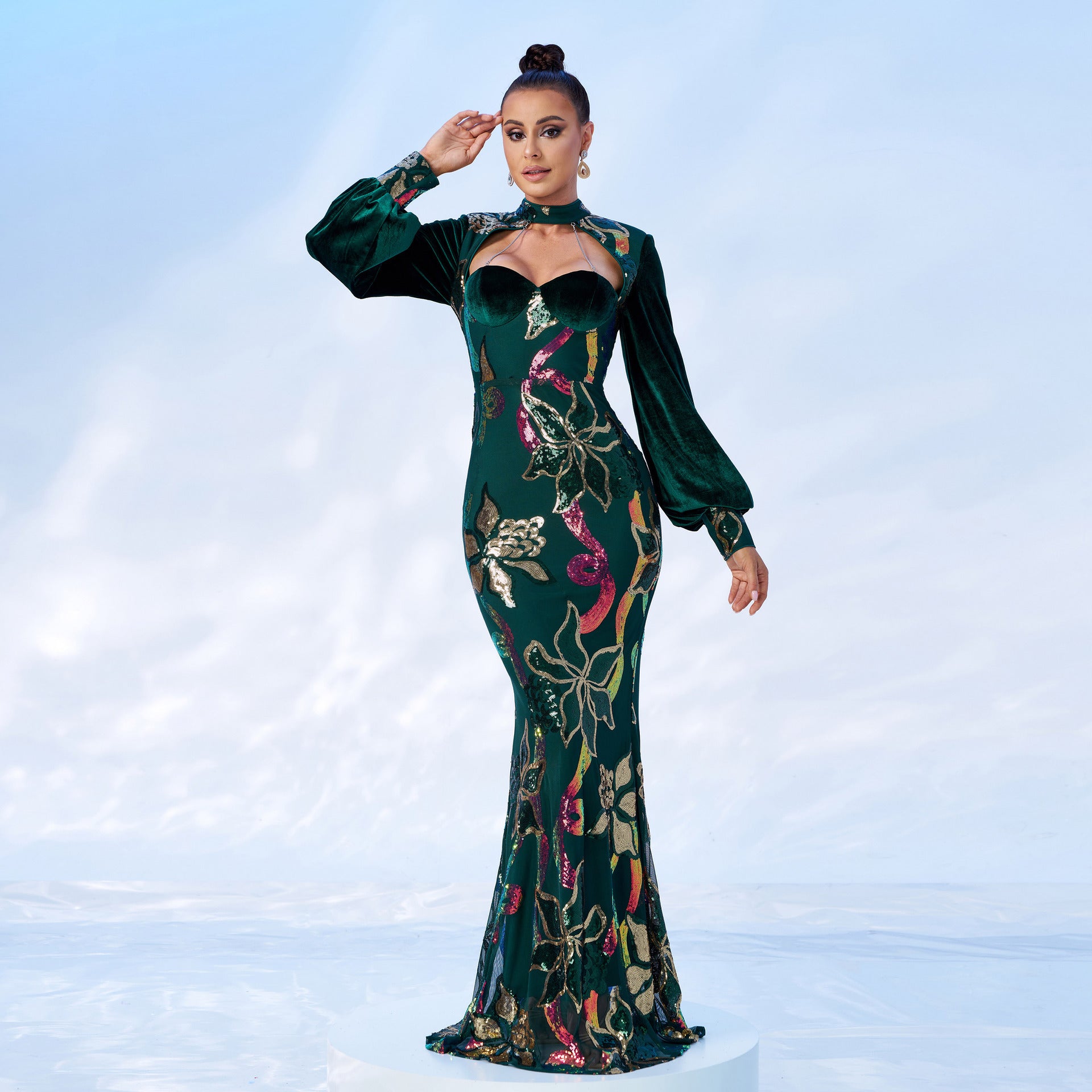 "LuxeGlow Sequined Evening Gown – Elegant & Timeless"